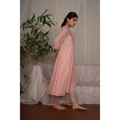 PANTS AND PAJAMAS Blush Pink Chikan Embroidered Kurta (Set of 3)
