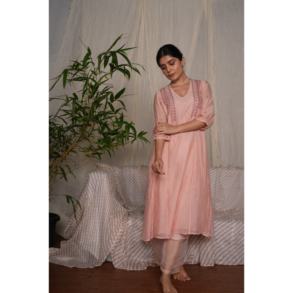PANTS AND PAJAMAS Blush Pink Chikan Embroidered Kurta (Set of 3)