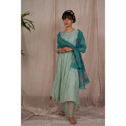 PANTS AND PAJAMAS Aqua Chikan Embroidered Kurta (Set of 3)