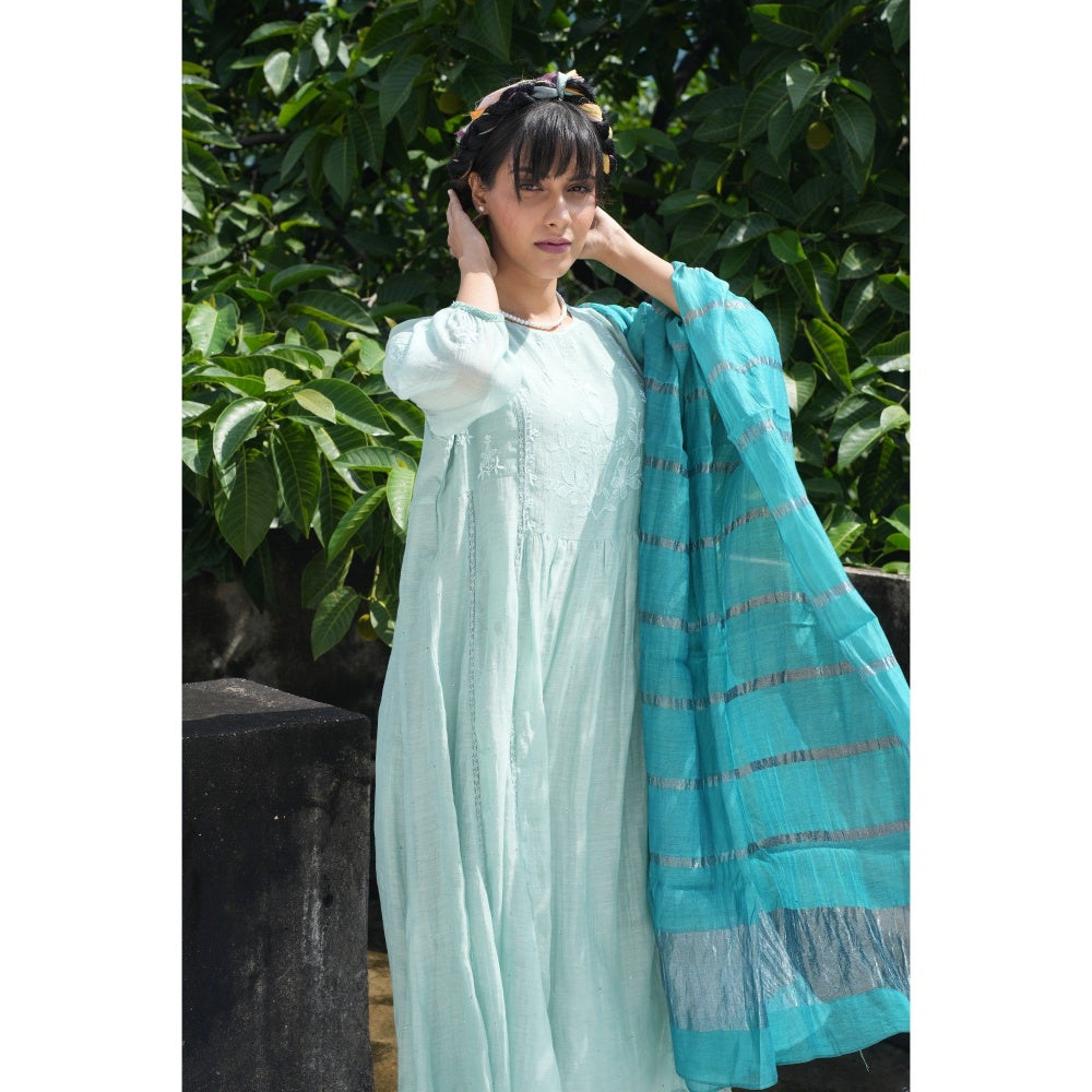 PANTS AND PAJAMAS Aqua Chikan Embroidered Kurta (Set of 3)