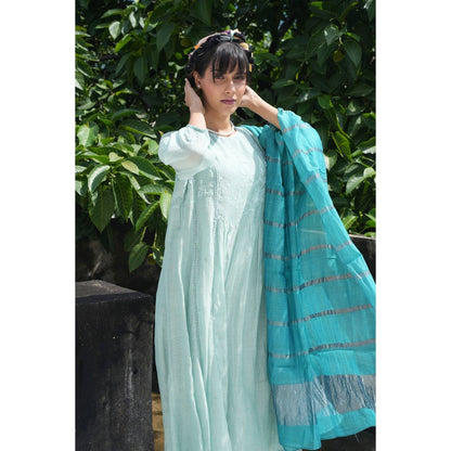 PANTS AND PAJAMAS Aqua Chikan Embroidered Kurta (Set of 3)