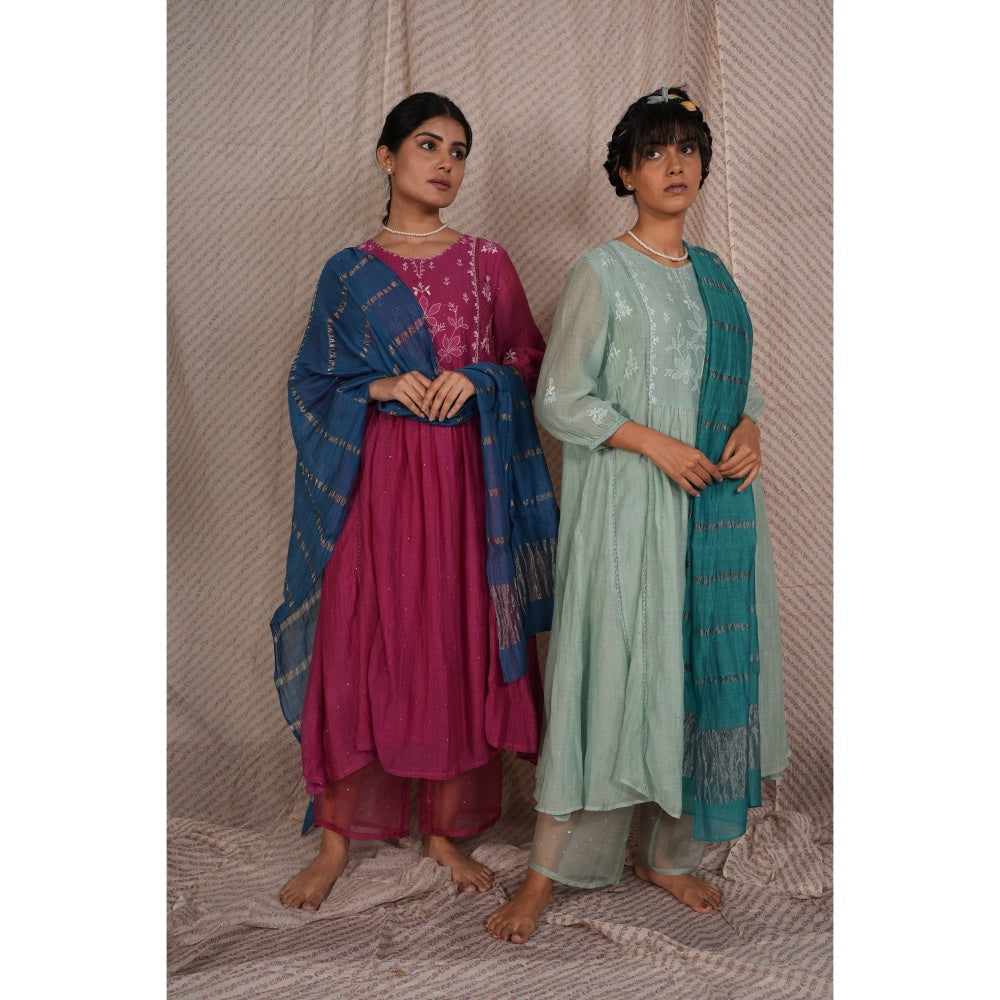 PANTS AND PAJAMAS Aqua Chikan Embroidered Kurta (Set of 3)
