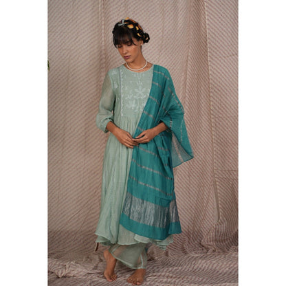 PANTS AND PAJAMAS Aqua Chikan Embroidered Kurta (Set of 3)