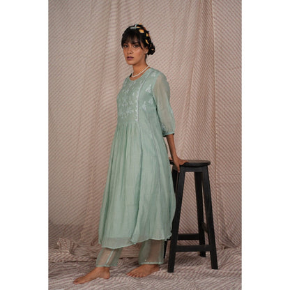 PANTS AND PAJAMAS Aqua Chikan Embroidered Kurta (Set of 3)