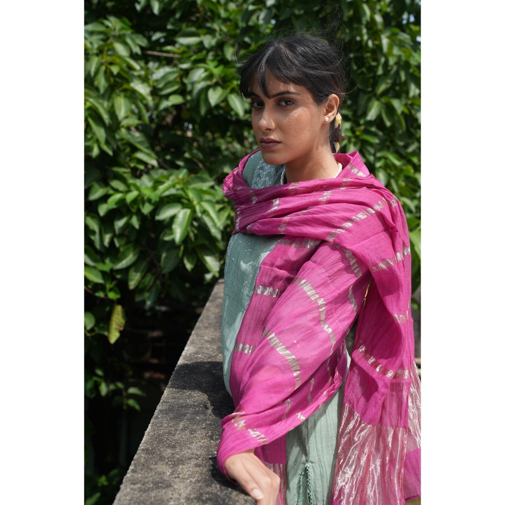 PANTS AND PAJAMAS Moss Green Chikan Embroidered Kurta (Set of 3)