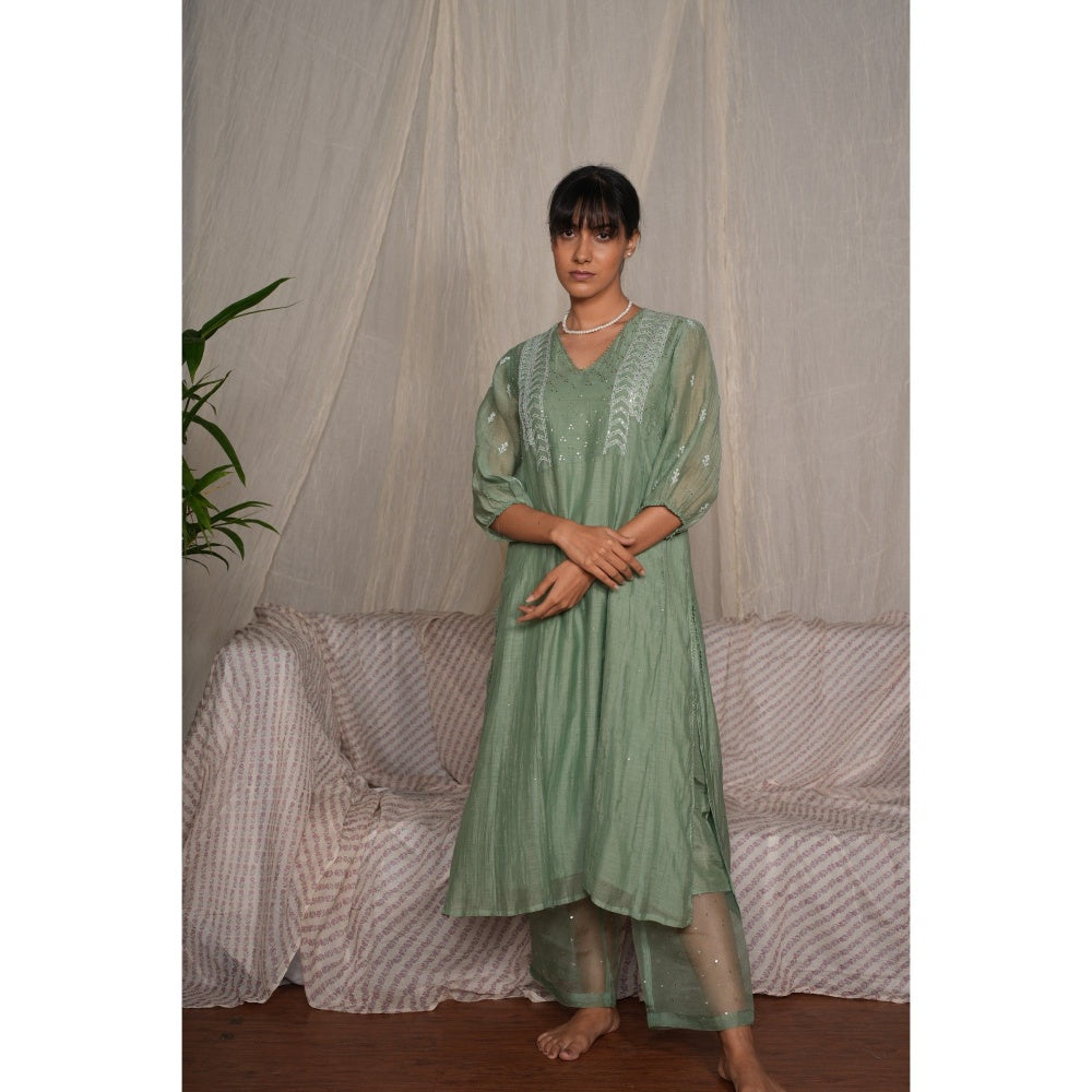 PANTS AND PAJAMAS Moss Green Chikan Embroidered Kurta (Set of 3)