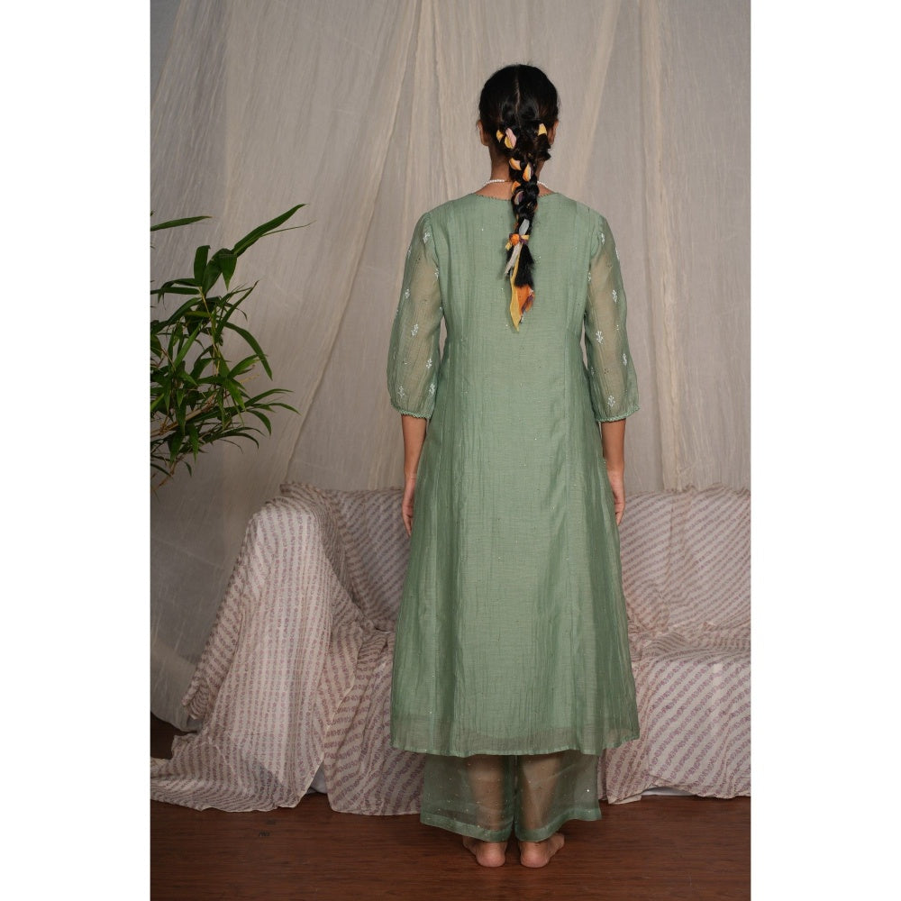 PANTS AND PAJAMAS Moss Green Chikan Embroidered Kurta (Set of 3)