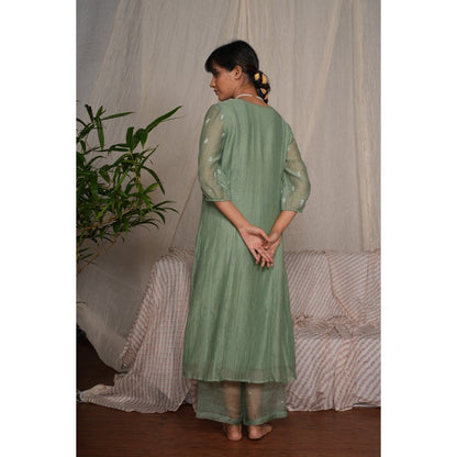 PANTS AND PAJAMAS Moss Green Chikan Embroidered Kurta (Set of 3)