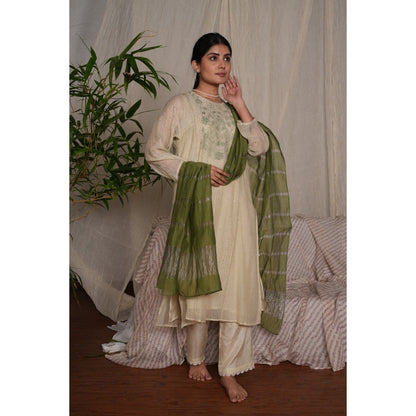PANTS AND PAJAMAS Sege Green Chikan Embroidered Kurta (Set of 3)