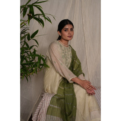 PANTS AND PAJAMAS Sege Green Chikan Embroidered Kurta (Set of 3)