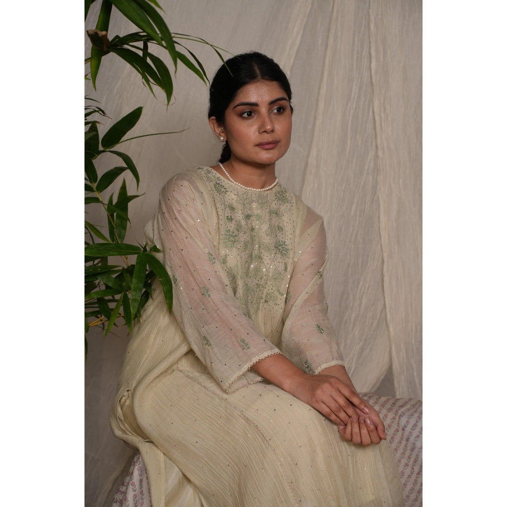 PANTS AND PAJAMAS Sege Green Chikan Embroidered Kurta (Set of 3)