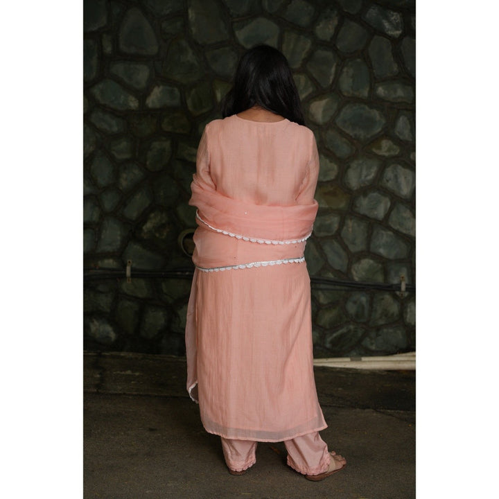 PANTS AND PAJAMAS Blush Pink Chikan Embroidered Kurta (Set of 3)