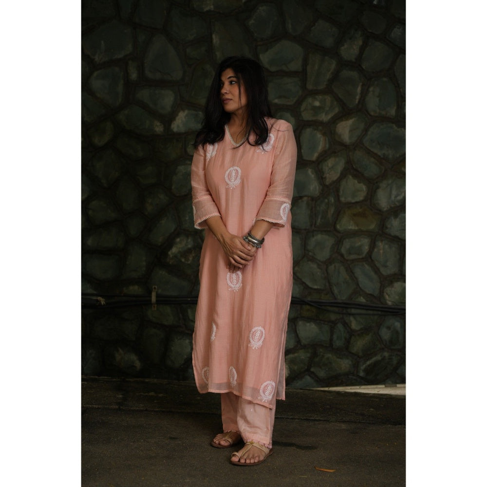 PANTS AND PAJAMAS Blush Pink Chikan Embroidered Kurta (Set of 3)