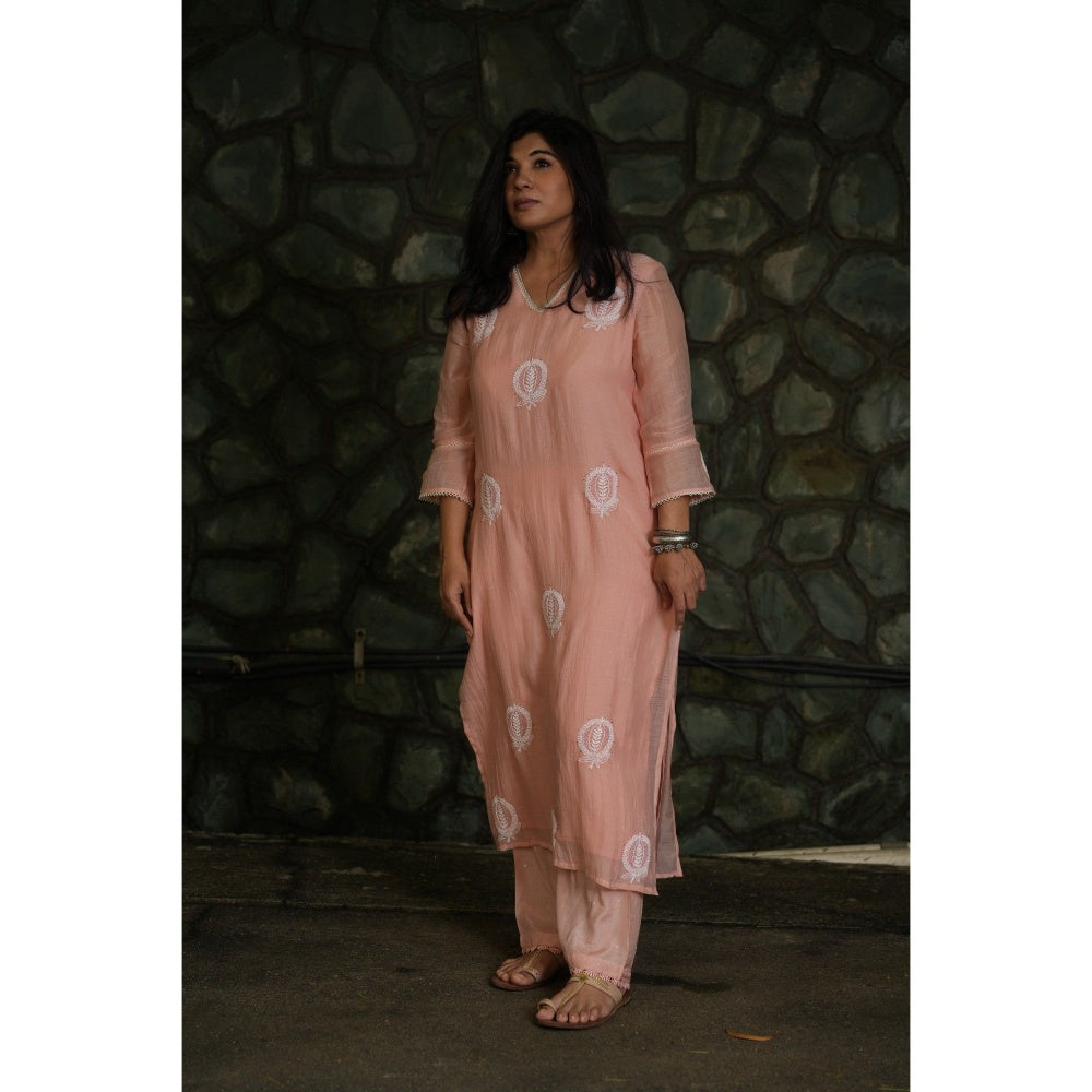 PANTS AND PAJAMAS Blush Pink Chikan Embroidered Kurta (Set of 3)