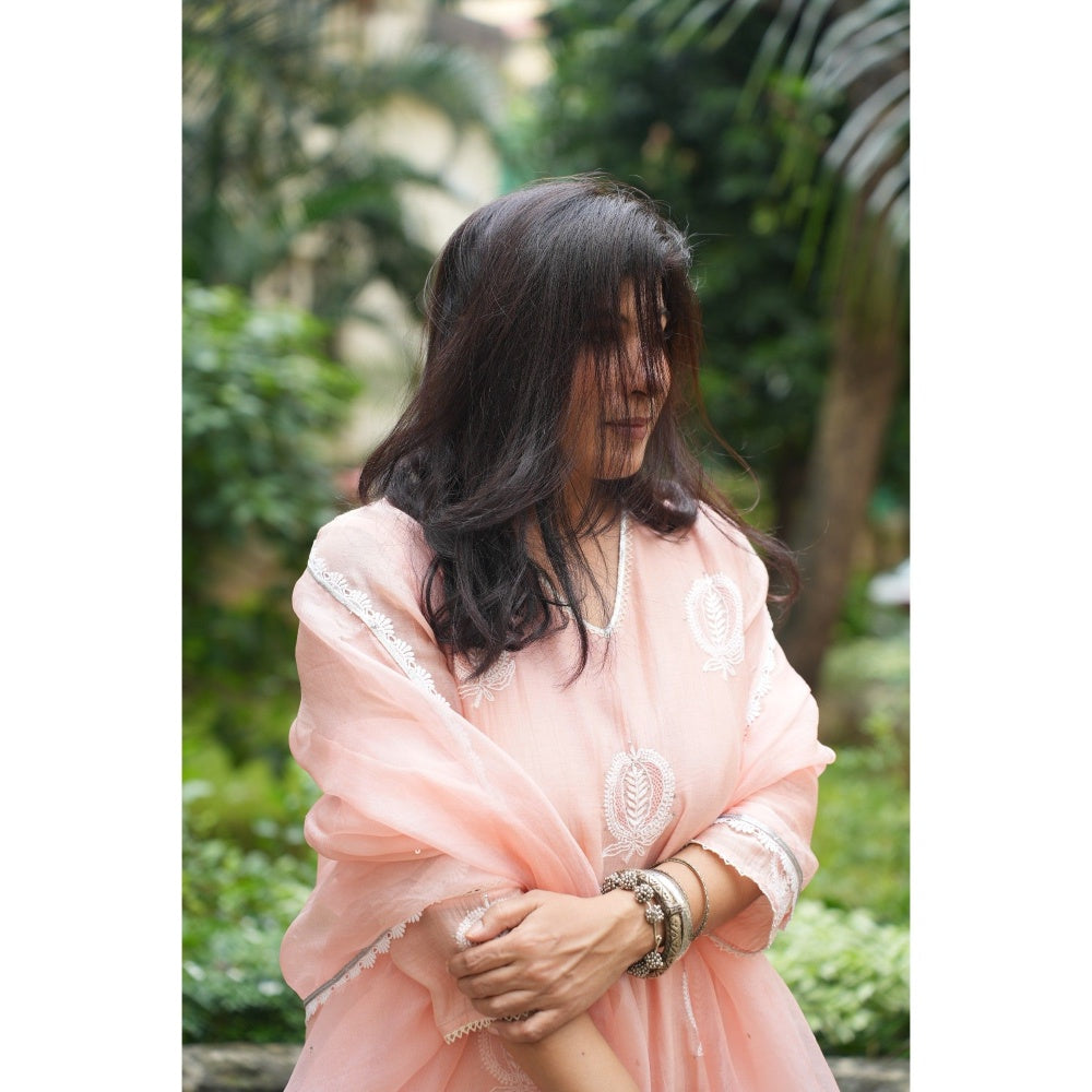 PANTS AND PAJAMAS Blush Pink Chikan Embroidered Kurta (Set of 3)