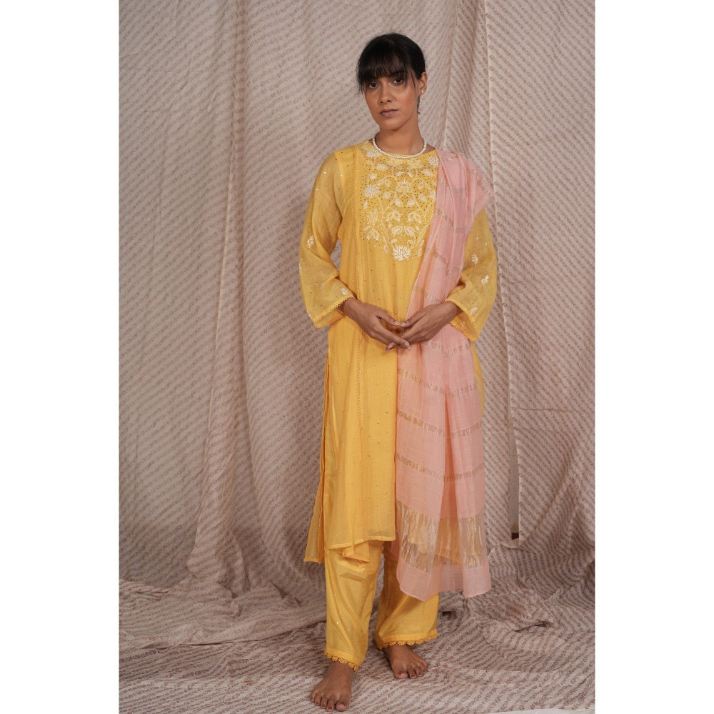 PANTS AND PAJAMAS Yellow Chikan Embroidered Kurta (Set of 3)