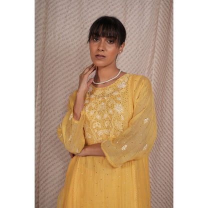 PANTS AND PAJAMAS Yellow Chikan Embroidered Kurta (Set of 3)