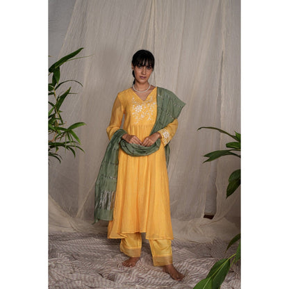 PANTS AND PAJAMAS Yellow Chikan Embroidered Kurta (Set of 3)