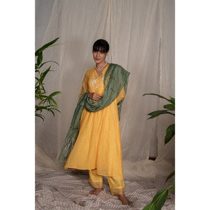 PANTS AND PAJAMAS Yellow Chikan Embroidered Kurta (Set of 3)