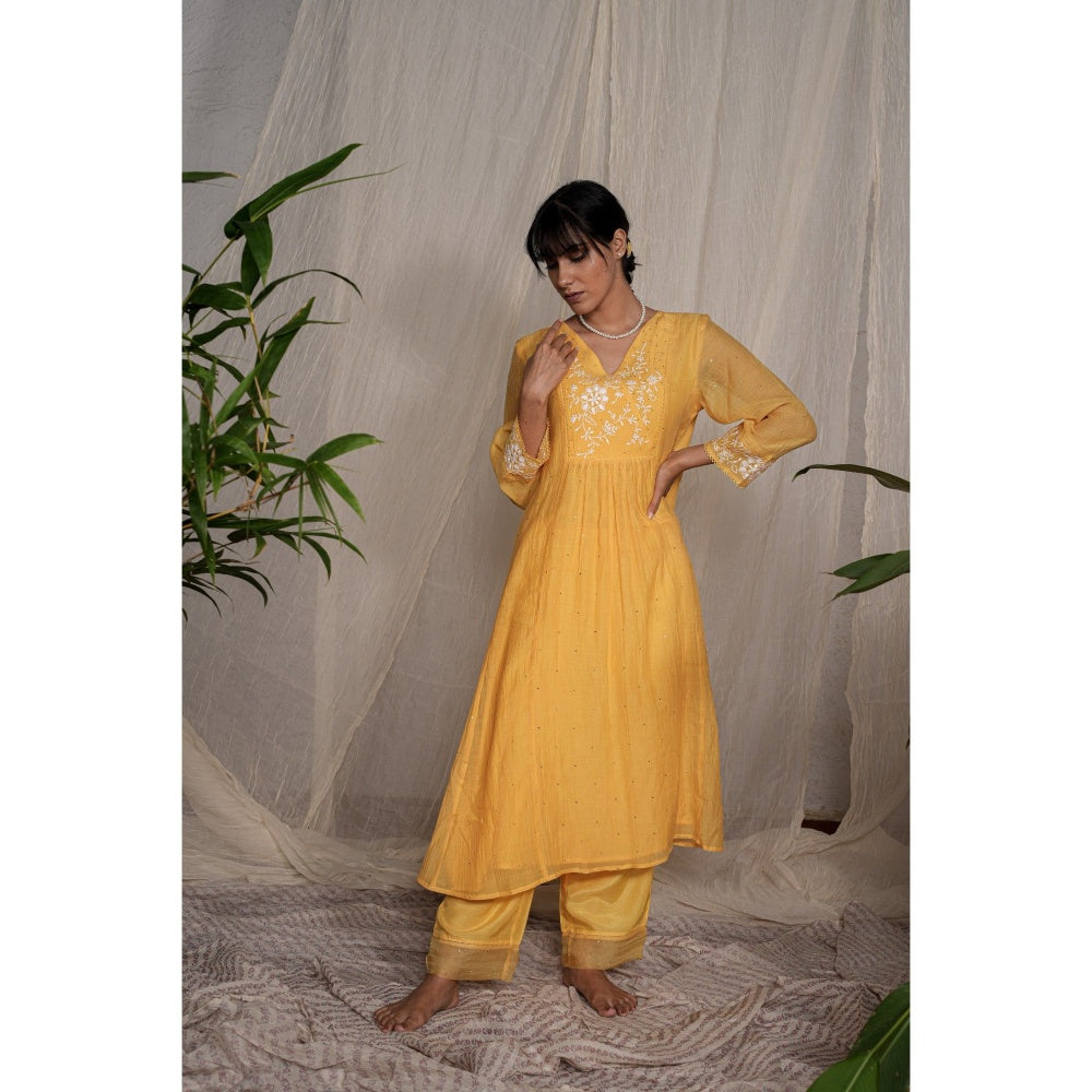 PANTS AND PAJAMAS Yellow Chikan Embroidered Kurta (Set of 3)