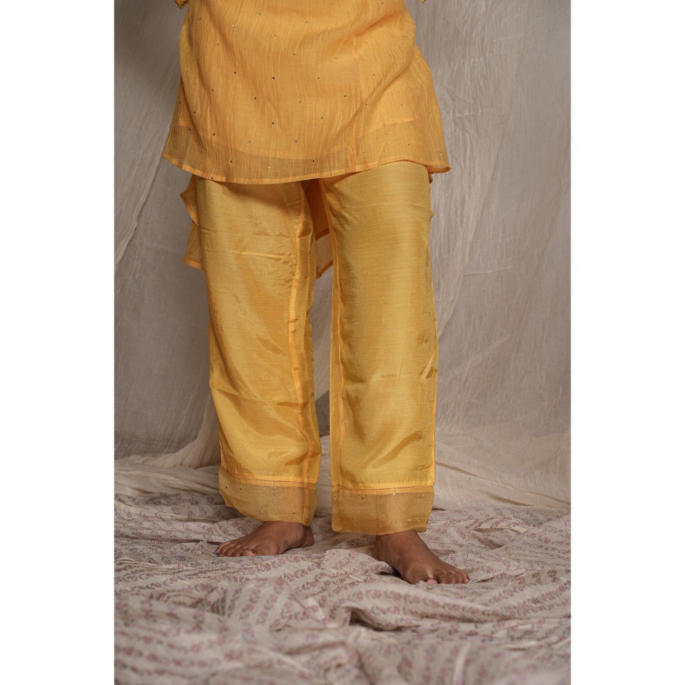 PANTS AND PAJAMAS Yellow Chikan Embroidered Kurta (Set of 3)