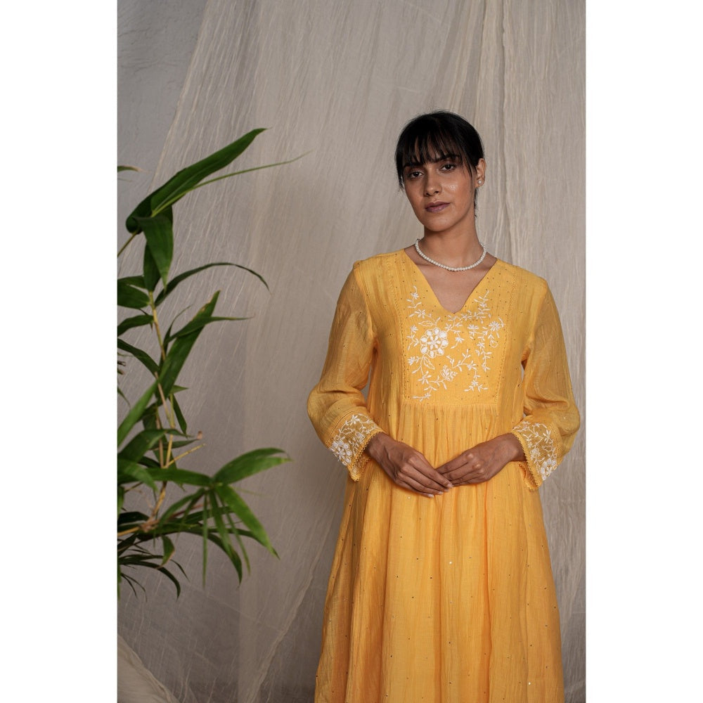 PANTS AND PAJAMAS Yellow Chikan Embroidered Kurta (Set of 3)