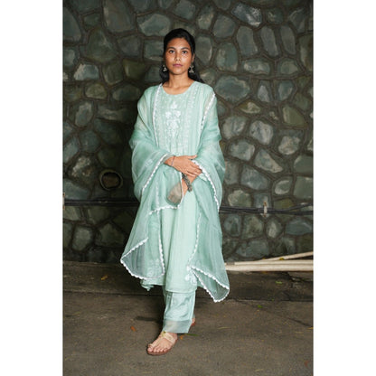 PANTS AND PAJAMAS Aqua Chanderi and Organza (Set of 3)