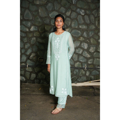 PANTS AND PAJAMAS Aqua Chanderi and Organza (Set of 3)