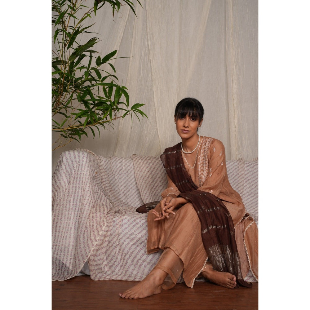PANTS AND PAJAMAS Beige Chikan Embroidered Kurta (Set of 3)