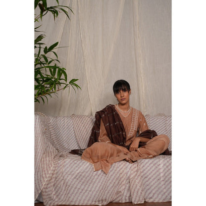 PANTS AND PAJAMAS Beige Chikan Embroidered Kurta (Set of 3)