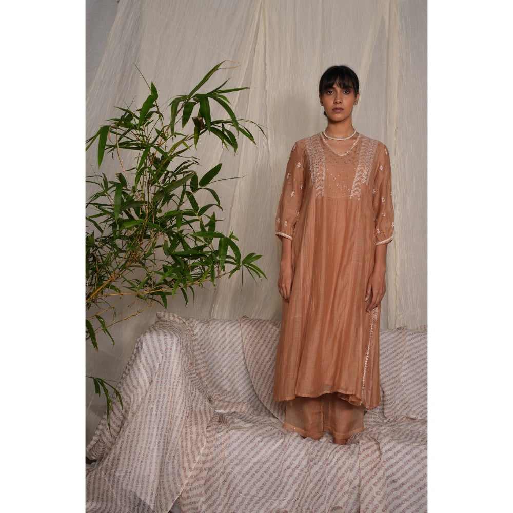 PANTS AND PAJAMAS Beige Chikan Embroidered Kurta (Set of 3)