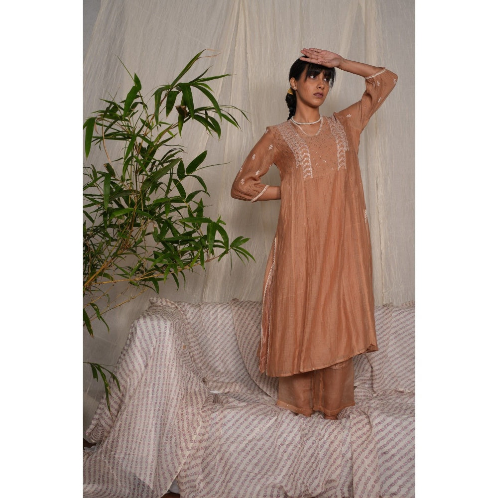 PANTS AND PAJAMAS Beige Chikan Embroidered Kurta (Set of 3)