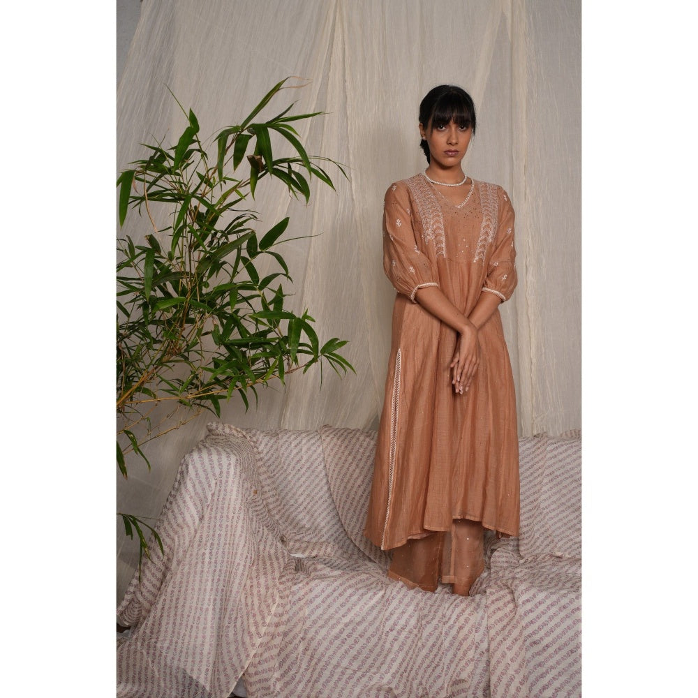 PANTS AND PAJAMAS Beige Chikan Embroidered Kurta (Set of 3)