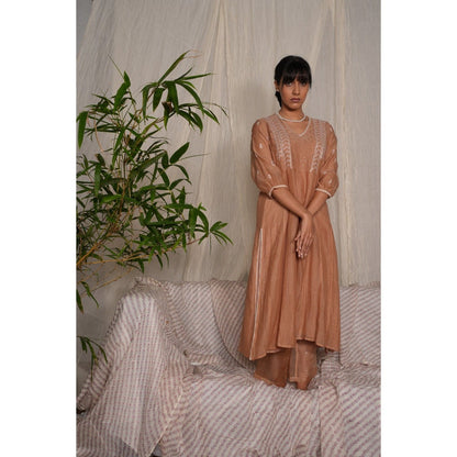 PANTS AND PAJAMAS Beige Chikan Embroidered Kurta (Set of 3)