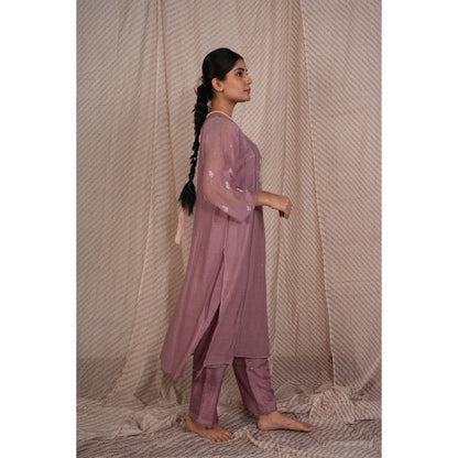 PANTS AND PAJAMAS Purple Chikan Embroidered Kurta (Set of 3)