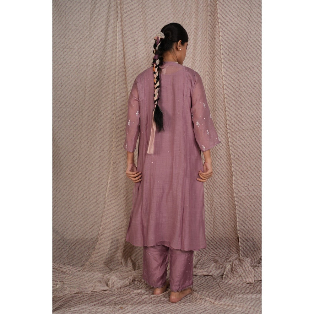 PANTS AND PAJAMAS Purple Chikan Embroidered Kurta (Set of 3)