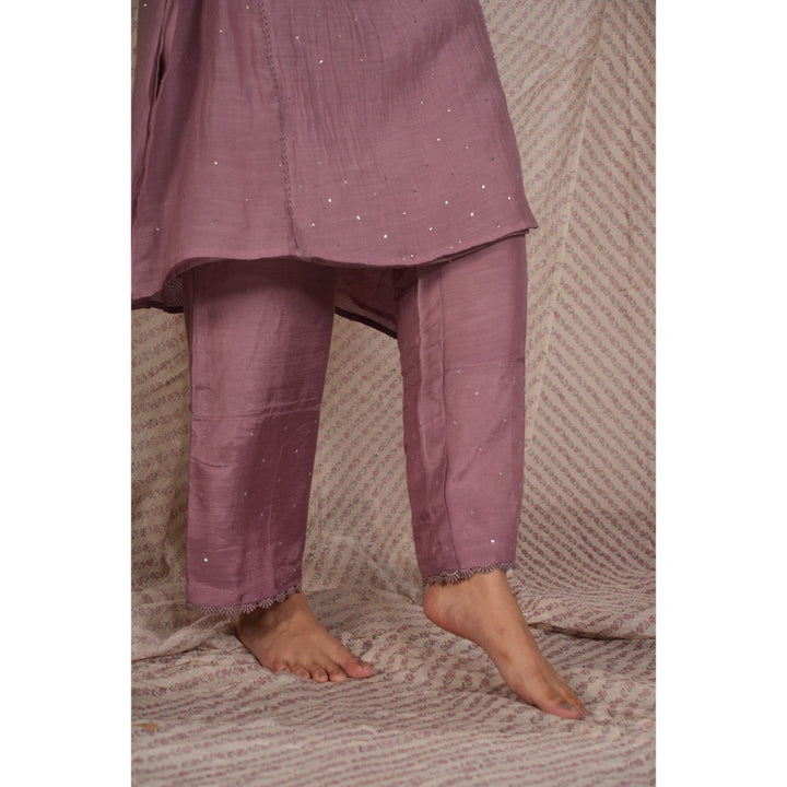 PANTS AND PAJAMAS Purple Chikan Embroidered Kurta (Set of 3)