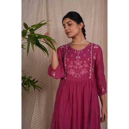 PANTS AND PAJAMAS Berry Chikan Embroidered Kurta (Set of 3)