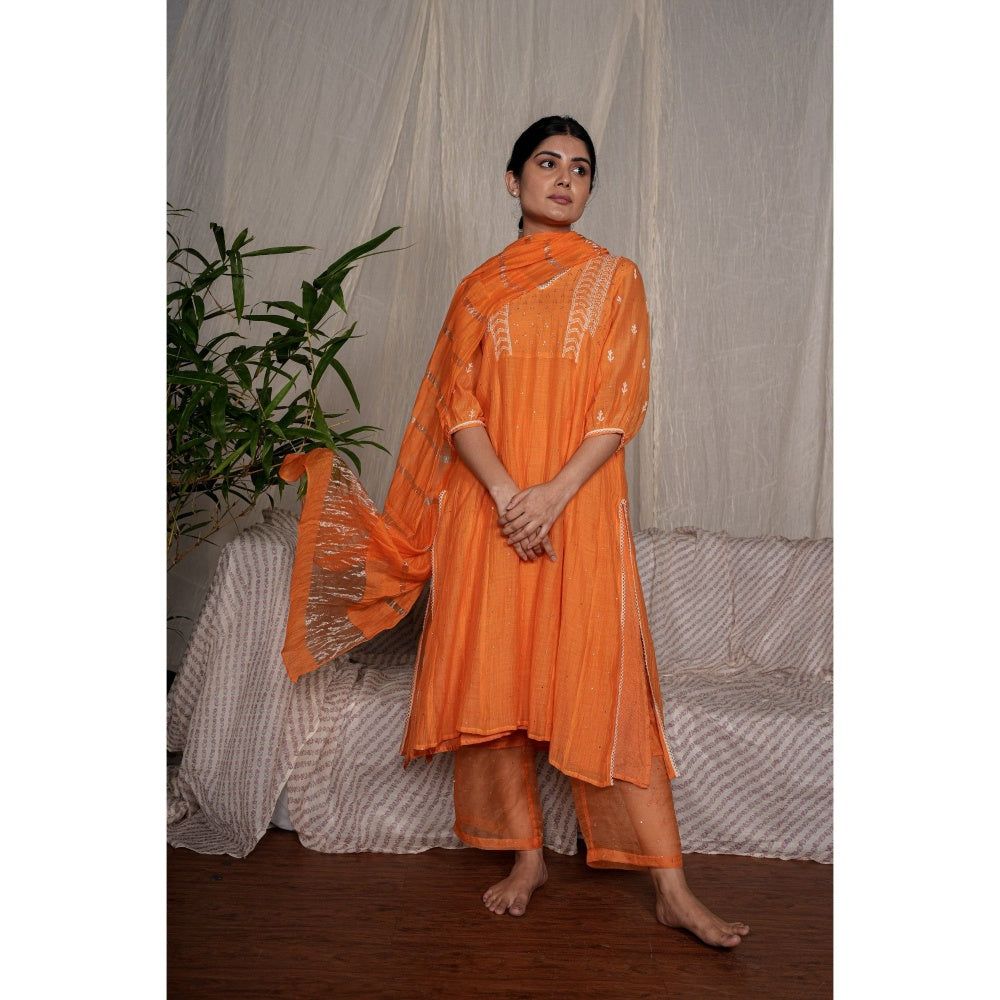 PANTS AND PAJAMAS Orange Chikan Embroidered Kurta (Set of 3)