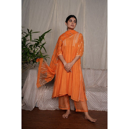 PANTS AND PAJAMAS Orange Chikan Embroidered Kurta (Set of 3)