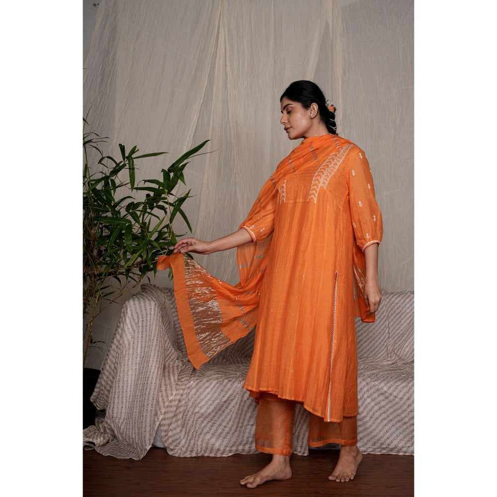 PANTS AND PAJAMAS Orange Chikan Embroidered Kurta (Set of 3)