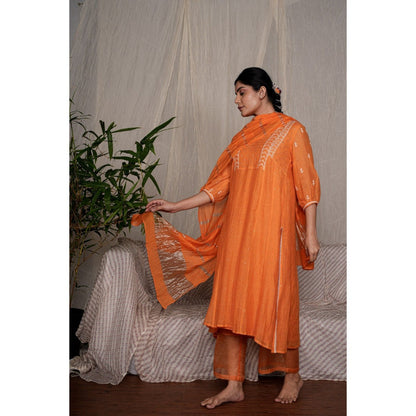 PANTS AND PAJAMAS Orange Chikan Embroidered Kurta (Set of 3)