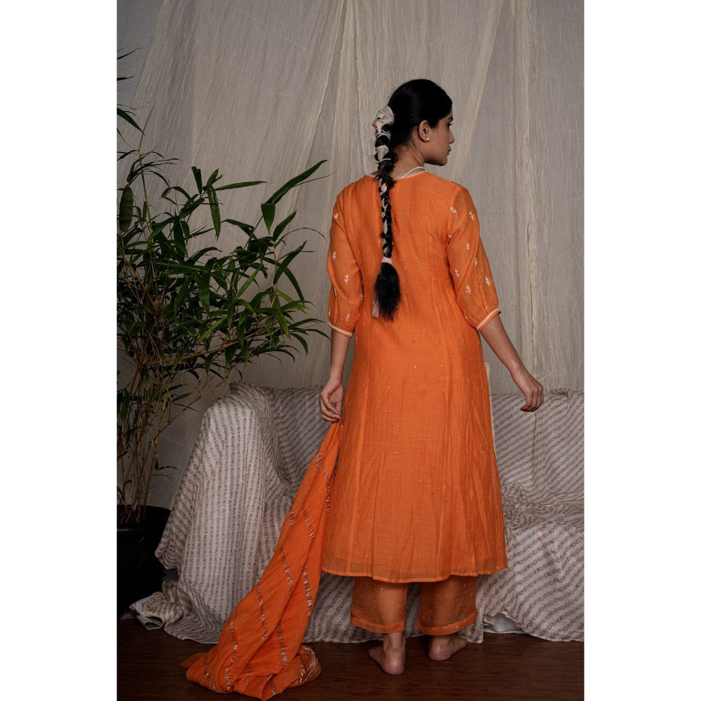PANTS AND PAJAMAS Orange Chikan Embroidered Kurta (Set of 3)