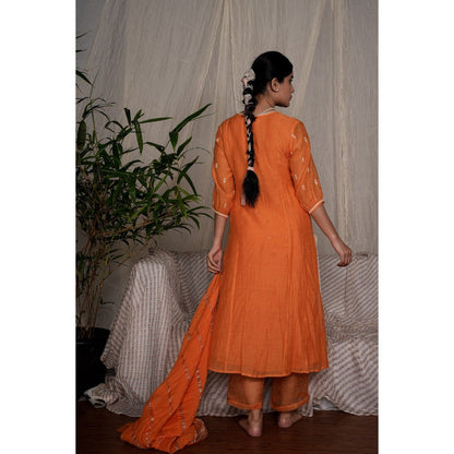 PANTS AND PAJAMAS Orange Chikan Embroidered Kurta (Set of 3)
