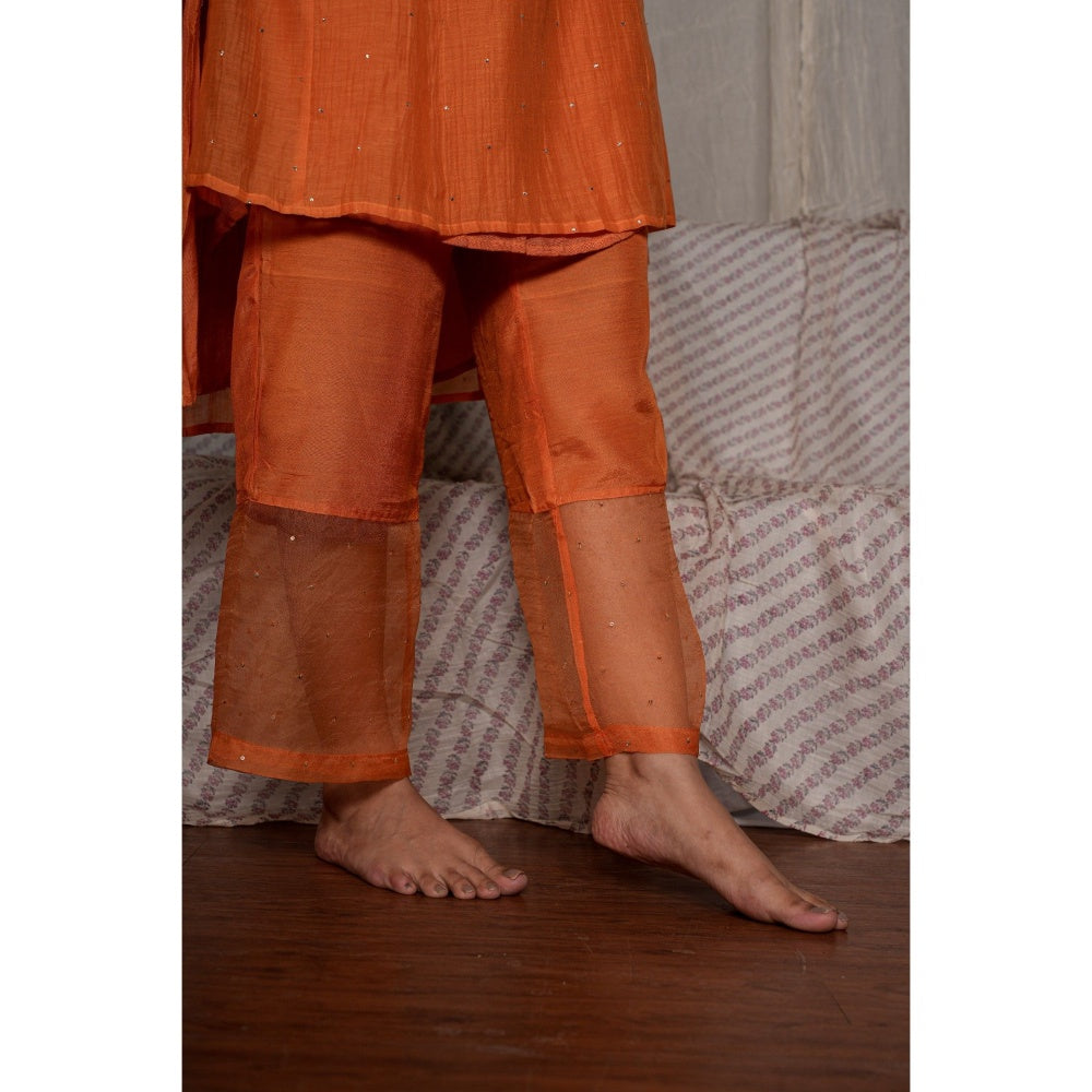 PANTS AND PAJAMAS Orange Chikan Embroidered Kurta (Set of 3)