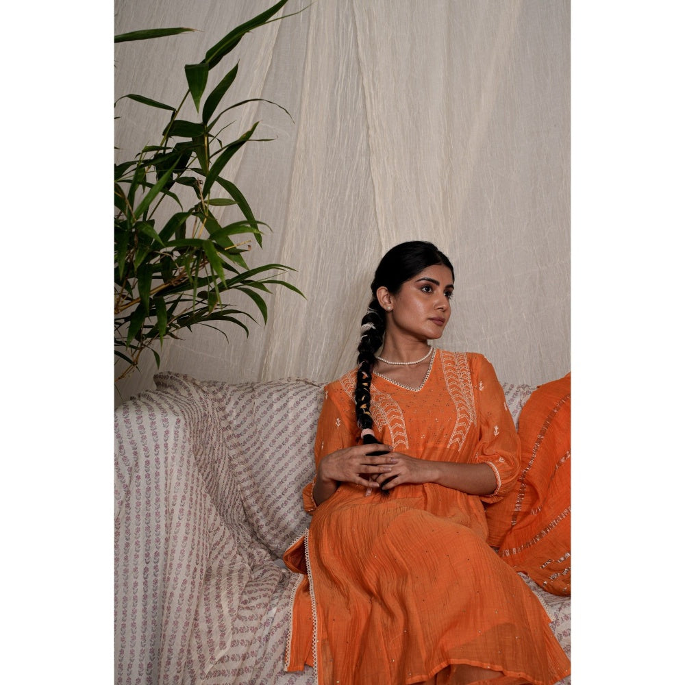 PANTS AND PAJAMAS Orange Chikan Embroidered Kurta (Set of 3)