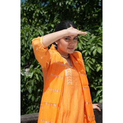 PANTS AND PAJAMAS Orange Chikan Embroidered Kurta (Set of 3)