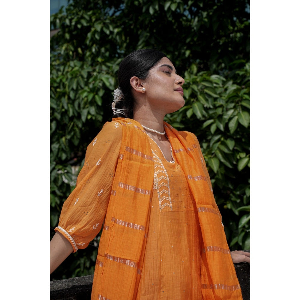 PANTS AND PAJAMAS Orange Chikan Embroidered Kurta (Set of 3)