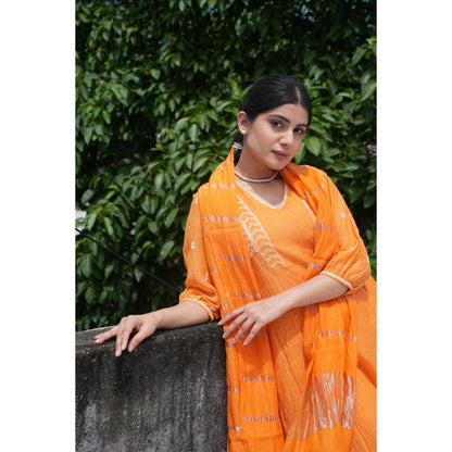 PANTS AND PAJAMAS Orange Chikan Embroidered Kurta (Set of 3)