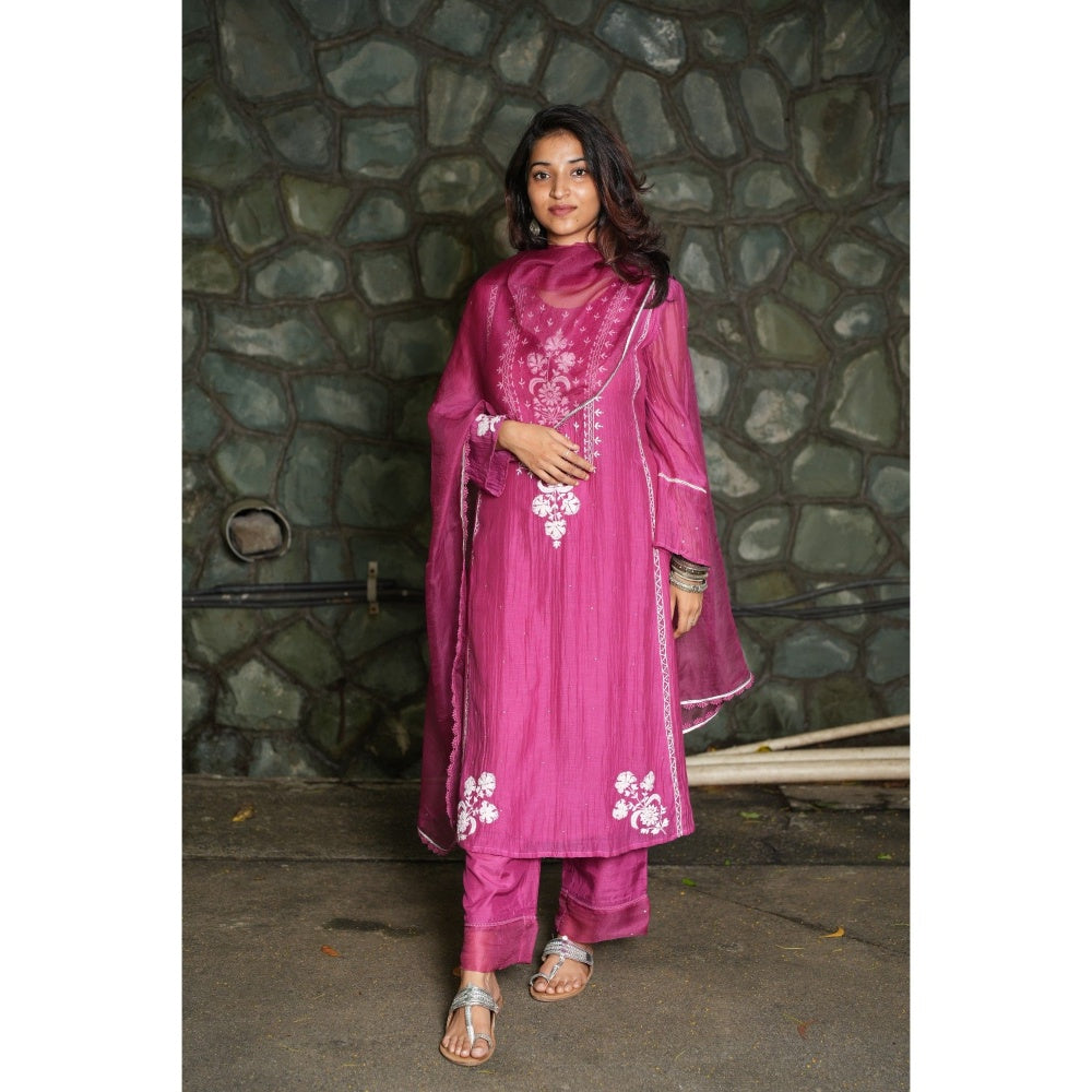 PANTS AND PAJAMAS Berry Chikan Embroidered Kurta (Set of 3)